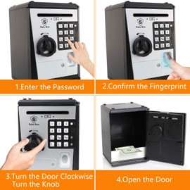 Lyght Mini ATM Savings Bank for Real Money, Electronic Voice Piggy Banks, Fingerprint Password, Kids Safe Box, Cool Stuff Gift for Boys and Girls Silver/Black