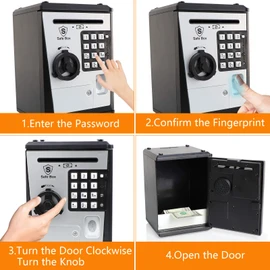 Lyght Mini ATM Savings Bank for Real Money, Electronic Voice Piggy Banks, Fingerprint Password, Kids Safe Box, Cool Stuff Gift for Boys and Girls Silver/Black