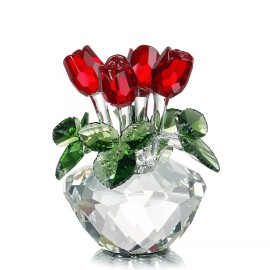 H&D HYALINE & DORA Red Rose Figurine Ornament Spring Bouquet Crystal Glass Fl...