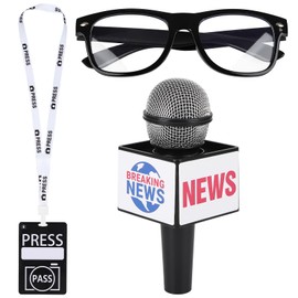 News Reporter Costume Accessories Set News Microphone Prop News Reporter Microphone Prop Press Pass Microphone Prop Costume Glasses for Career Day Party Black