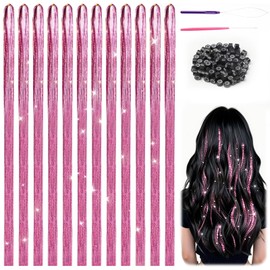 Hexizexi 2640 Hair Tinsel 120 cm Pink Glitter Hair Strands with Tool Hair Tinsel for Girls Women Party Role Play Holiday