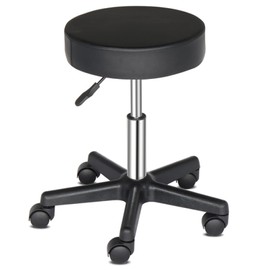 XIAOSENLIN PU Leather Round Rolling Stool with Foot Rest Swivel Height Adjustment for Spa Drafting Salon Tattoo Work Office Massage Stools Task Chair (Black3-Round)