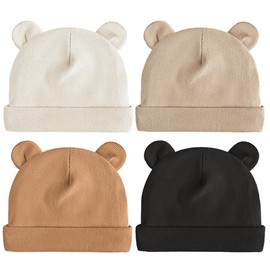 Konssy Baby Hats for Newborns with Bear Ears, Soft & Stretchy Baby Beanie Hats for Boys, Girls, Infant 4-Pack(0-6 Months) Brown