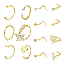 VFUN 20g Heart Butterfly Nose Stud 7mm Bar Length Nose Screw Stud and L Bend Shape Clear Diamond Cz Nose Studs Nose Piercings Jewellery Silver Gold