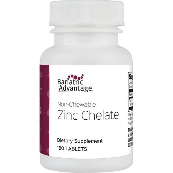 Bariatric Advantage Non Chewable Zinc Chelate, Highly Absorbable 20 mg Zinc Arginine and Zinc Glycine Tablets for Bariatric Surgery Patients - 180 Tablets