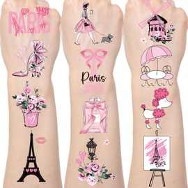 Yoyuspy Pink Paris Temporary Tattoos - 200+ Paris Themed Party Decorations Favors Supplies for Girls Women French Theme Birthday Decor Eiffel Towers Bows Romantic Tattoo Stickers Gifts Rewards