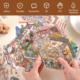 Girls 3D Miniature Scene Stickers, 4 Sets Chinese Courtyard DIY House Stickers for Lunar New Year, Spring, Summer, Auturn, Cute 3D Cartoon Sticker Scenes for Adult Kids Relief Stress Pass The Time