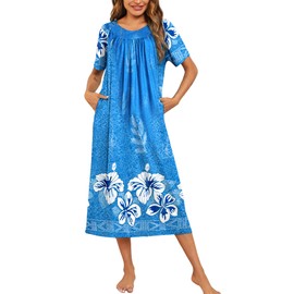Ekouaer Women's House Dress with Pockets Long Nightgowns for Women House Dress Pleated Moo Moos for Women,Floral Blue,XL