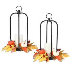 Fall Decor Lanterns Outdoor, 14" Waterproof Decorative Lantern Indoor Decor Metal Hanging Candle Holder LED Flameless Candle Lantern for Patio, Porch, 2 Packs