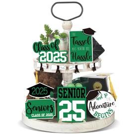Queekay 10 Pcs Class of 2025 Graduation Tiered Tray Set Congrats Grad Wooden Signs Tiered Tray Rustic Farmhouse Decor for Home Kitchen Table Decorations