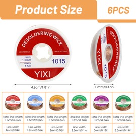 Pack of 6 Desoldering Wire, No-Clean Soldering Braid 1.5 m Copper Wire (1.0/1.5/2.0/2.5/3.0/3.5 mm) for Desoldering, Desoldering Wick for Removing Solder and Disassembling Electrical Components