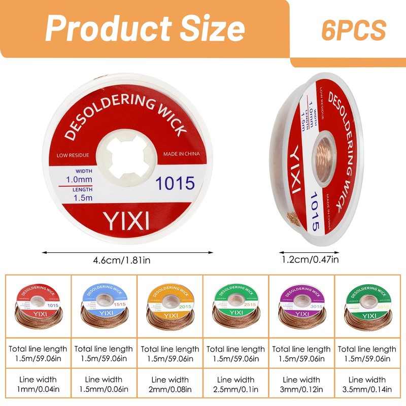 Pack of 6 Desoldering Wire, No-Clean Soldering Braid 1.5 m
