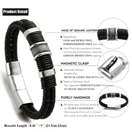 HALUKAKAH Plus ● Solo ● Men's Genuine Leather Titanium Bracelet Black & Silver Magentic Clasp Size Adjustable 8.46"-9"(21.5-23cm) with Free GIftbox