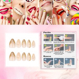 Rchovsam 24pcs Almond Press on Nails Short French Tip Fake Nails 3D Gold Designs Nails Press Ons Acrylic Full Cover Gel False Nails Gift for Women