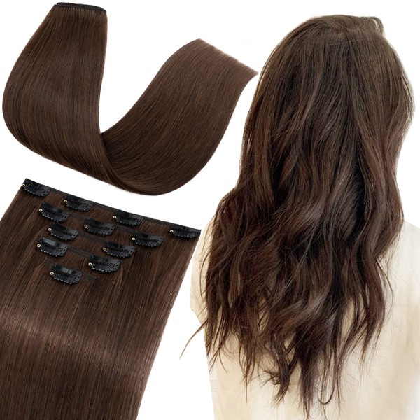 S-noilite Clip-In Real Hair Extensions, #4 Medium Brown, 100% Remy Real Hair, 5 Wefts, 12 Clips, Remy Natural Hair Extensions for Thin Hair, 55 cm (75 g)