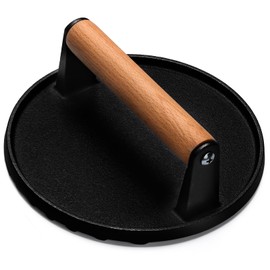 EWFEN Burger Press, 7" Round Heavy-Duty Cast Iron Smash Bacon Press Meat Steak with Wood Handle for Griddle, Sandwich, Nonstick Pan