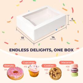 Fit Meal Prep 100 Pack 14 x 10 x 4 Inches White Bakery Boxes with Window, Auto-Popup Cardboard Gift Packaging and Baking Containers, Cupcake, Cookie and Loaf Bread Boxes