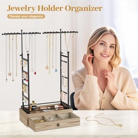 MODOWEY Metal Jewelry Holder Organizer Stand for Earring Bracelet Ring, Necklace Display Tree with Wooden Drawer, Extra Large Storage Rack for Women Men, Tall Hanger Tower for Dresser Space-Saving