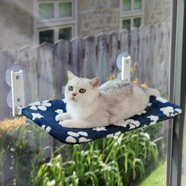 Yaning Cat Window Perch, Foldable Cat Window Hammock with Cute 3D Textured Flower Cover and Strong Suction Cups, Cordless Window Seat Bed for Indoor Cats (Navy Paw, Large)