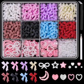 500 Pcs 3D Nail Charms and Flatback Pearls Set 6, 8 Colors Nail Bows Charm + Pink&White Star Heart Moon Cute Nail Jewels + 2-4mm White Nail Pearls for Nail Art DIY Decoration with Pickup Tools