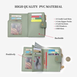 GOLF SUPAGS Wallets for Women PVC Leather Credit Card Holder Large Capacity Multi Card Organizer Small Wallet with Double Zipper Pocket, Bean green × ash green-859, Fashionable
