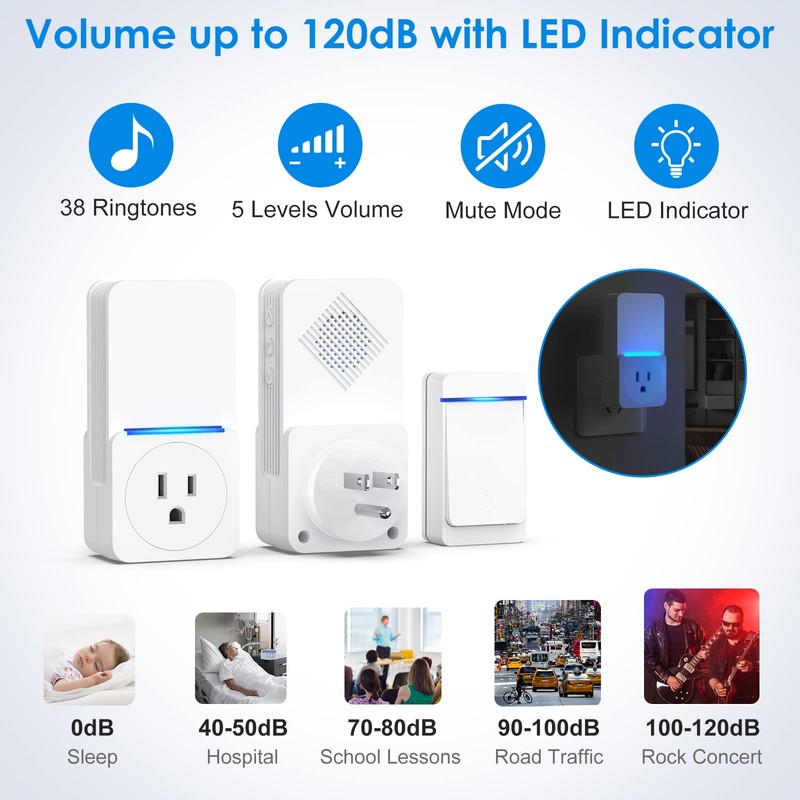 Wireless Doorbell,2 plug Self-Powered Doorbell In receivers,1 Waterproof Button,Suitable for