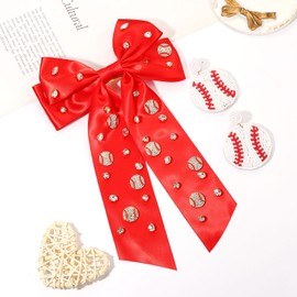 Baseball Hair Bows for Women Jeweled Rhinestone Large Hair Bows Clips Silky Satin Softball Hair Ribbon Bows Game Day Baseball Hair Accessories Outfits Baseball Mom Gifts