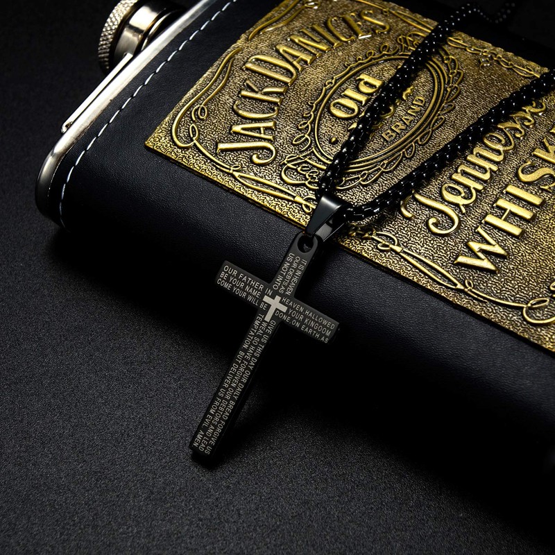 AIKS Men's Cross Scripture Scripture Engraved Black Cross Pendant, Good