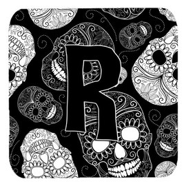 Caroline's Treasures Letter R Day of the Dead Skulls Black Foam Coasters (Set of 4), 3.5", Multicolor