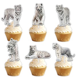 18pcs White Glitter Tiger Dessert Cupcake Topper Pick for King of Animals Theme Decor Supplies Baby Shower Wedding Anniversary Happy Birthday Party Decoration