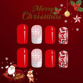 RIICFDD Christmas Press on Nails Short Fake Nails Square False Nails Sliver Glitter French Tip Nails Glue on Nails Snowflake Stick on Nails Full Cover Glossy Acrylic Nails for Women Nail Decor 24 Pcs