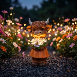 inhildas Solar-Powered Resin Highland Cow Statue with Orange Skirt & Light-Up Purple Flower Bouquet - Garden Decor for Patio, Lawn, Porch or Entryway