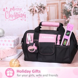 FASTPRO Pink Tool Set, 220-Piece Lady's Home Repairing Tool Kit with 12-Inch Wide Mouth Open Storage Tool Bag
