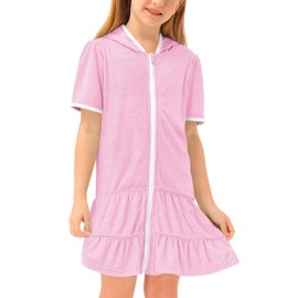 BesserBay Girls Summer Ruffle Hem Smocked Hooded with Pockets Coverups Terry Towel Dress Pink Loose Fit Beach Robe 7-8 Years