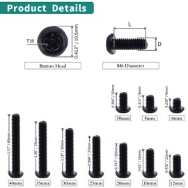 M6-1.0 x 10mm Stainless Steel Button Head Torx Drive Machine Screws, Security Screws, Anti-Theft Tamper Proof, Black Coated Finish, T30 Drive Bit Included, 50 PCS