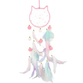 Dream Catcher for Girls, Pink Cat Dreamcatcher with Feathers, Cat Decor Suitable for Party Occasions Room Accessories Pink Cat Decor