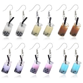 DAMLENG 6 Pairs Creative Unique Bubble Boba Tea Dangle Earrings Personality Milk Tea Drink Earring Colorful Glass Bottle Funny Earrings for women Jewelry Christmas Gifts (6 Color （AS Picture）)
