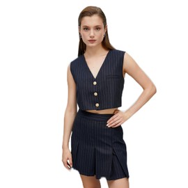 Koton Women's Zipper Detail Pleated High Rise Skirt, Navy Stripe(7s1)