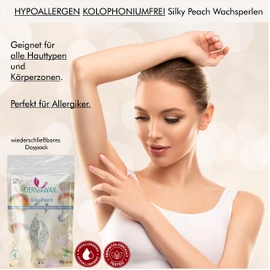 800 g Dermawax Silky Peach Hypoallergenic Waxing Beads for Hair Removal Eyebrow Face Intimate Bikini Zone Armpits Women's Beard Hair Removal without Fleece Strips Suitable for All Skin Types Vegan