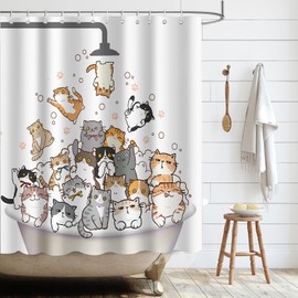 APROPHIC Funny Shower Curtain 180 x 180 cm Cat for Children Cartoon Colourful Bathroom Curtain Textile Washable with 12 Hooks