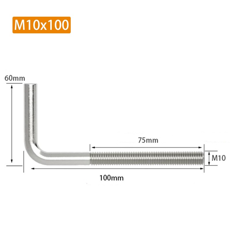 (8 Pieces) M10x100mm L Shape Foundation Bolts 304 Stainless Steel