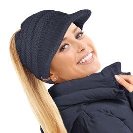TOSKATOK Women's Slouchy Peaked Ponytail Messy Bun Knitted Hat Peaked Cap, navy blue