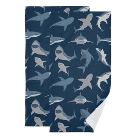PATINISA Navy Blue Sharks Hand Towels for Bathroom Set of 2 Soft Absorbent Sea Ocean Beach Theme Nautical Shark Kitchen Dish Towels Decorative Guest Bathroom Towels for Bath,Shower,Face,Hair 14"x28"