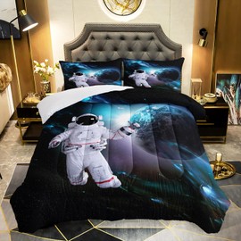 AILONEN Astronaut Comforter Set for Teens Boys Kids Girls, Space Astronaut Bedding Set Twin Size,Outer Space Themed Quilted Duvet Bed Set,Planet Quilt,1 Comforter 2 Pillowcases 3 Piece