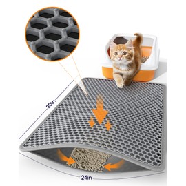 Powools Cat Litter Mat - 30" x 24" Large Litter Box Mat with Double Layers, Urine-Proof and Non-Slip Litter Trapping Mat, Easy to Clean Kitty Litter Mats for Floor, Scatter Control, Grey