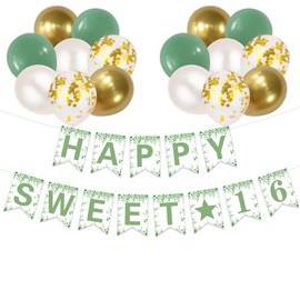 Gidobo Happy Sweet 16 Banner, 16th Birthday Decorations with 16pcs Sage Green Gold Balloons Backdrop for Boy Girl Birthday Party Decorations Supplies