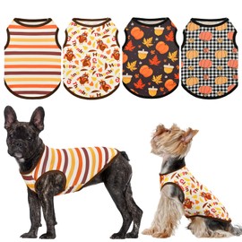 LyssKMK 4 Pack Thanksgiving Day Dog Shirts Fall Pumpkin Turkey Tank Tops for Small Medium Dogs Maple -Leaf and Stripe Pattern Sleeveless Vests for Cats Puppies S