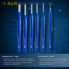S&R pin Punch Set 6 pcs. Made of Chrome Vanadium Steel, Hardened 1,5mm / 3mm / 4mm / 5mm / 6mm / 8mm || 1/16 ', 1/8', 5/32 ', 3/16', 1/4 ', 5/16' pin Punch Set