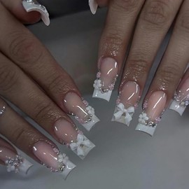 Uñas francesas postizas cuadradas cortas con cobertura total, diseño de margaritas y lazos, 24 unidades
