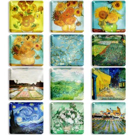 Berkin Arts 12Pcs Cute Square Crystal Glass Strong Magnetic Refrigerator Magnet Fridge Sticker Post-impressionism Yellow Blue Teal Plant Sunflower Starry Night Vincent van Gogh Series